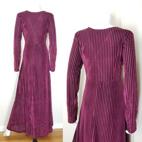 Velvet Burnout Striped Dress Plus Size Burgundy Empire Waist Maxi Cocktail Dress - Picture 3 of 12